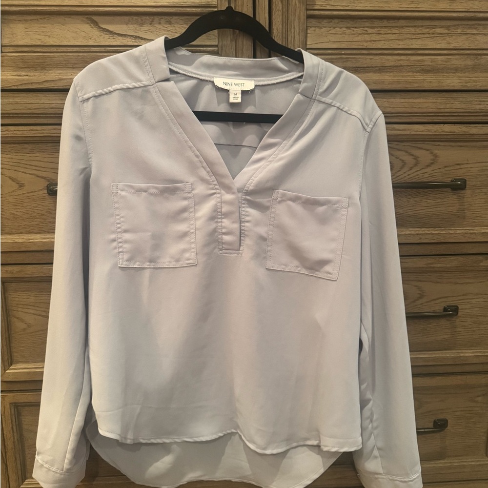 Nine West White Long Sleeve Mandarin Collar Blouse